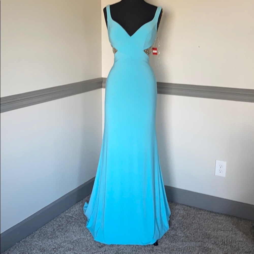 MoriLee Aqua Jersey prom dress